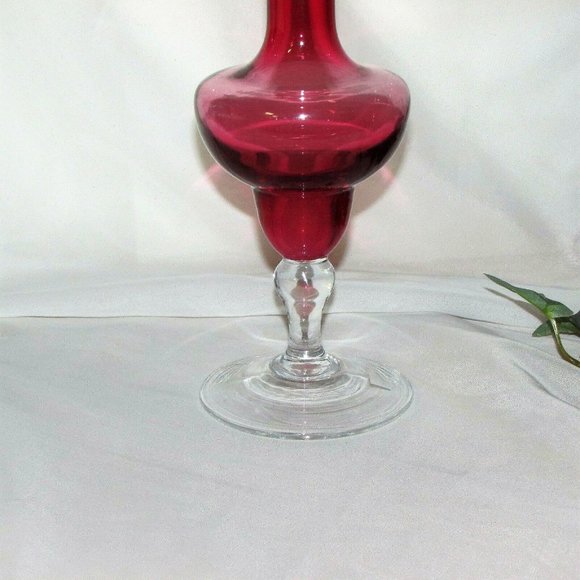 12" Vintage Cranberry Glass Footed Vase Red Clear Base Tall Home Decor - Picture 3 of 4